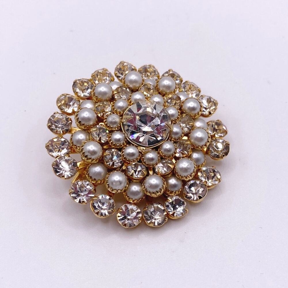 Judy Lee Faux Pearl and Rhinestones Roseta Brooch